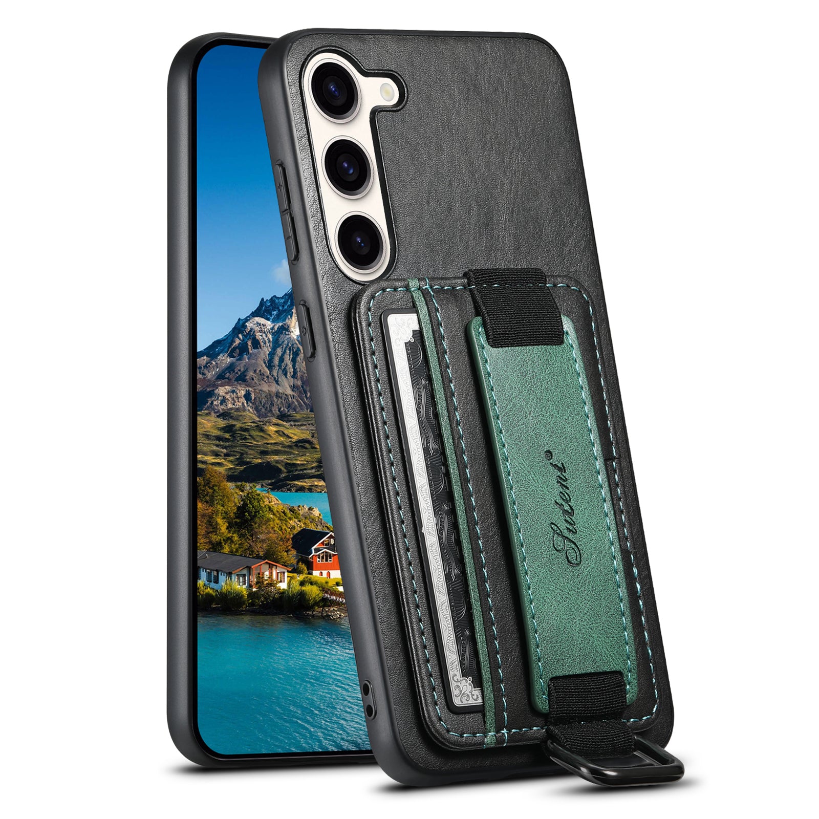 SUTENI H13 For Samsung Galaxy S23 Card Holder Case Leather Coated PC TPU Phone Kickstand Cover with Hand Strap SUTENI H13 For Samsung Galaxy S23 Card Holder Case Leather Coated PC TPU Phone Kickstand Cover with Hand Strap